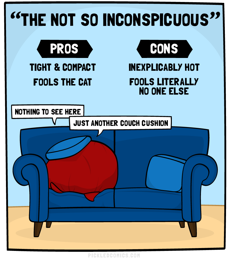 The Not So Inconspicuous. Pros: Tight and Compact, Fools the cat. Cons: Inexplicably Hot, Fool literally no one else. Nothing to see here. Just another couch cushion.
