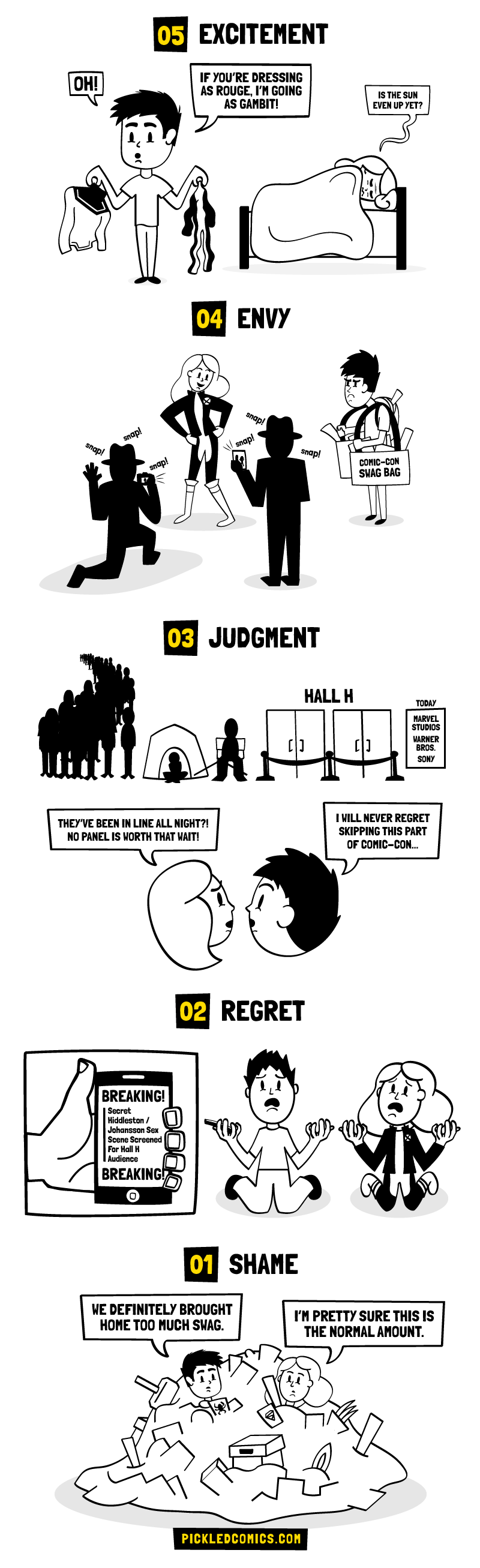 The five stages of visiting Comic-Con. Excitement, Envy, Judgment, Regret, and Shame.