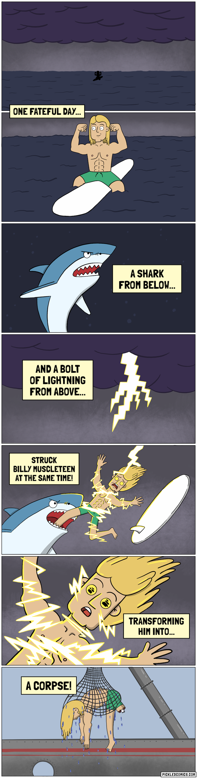 One fateful day, a shark from below and a bolt of lightning from above struck Billy Muscleteen at the same time! Transforming him into... a corpse!