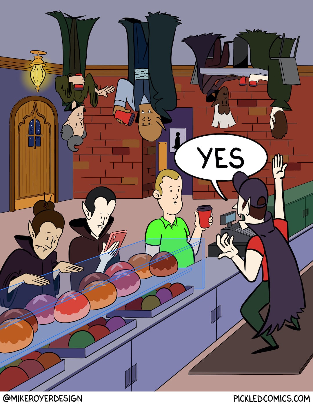The final panel reveals the man is obviously inside a vampire coffee shop. Classic looking vampires with cloaks and fangs are in line behind him and more vampires are drinking from blood cups while hanging from the ceiling.